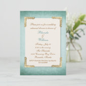 Chic Antiek Aqua & Gold Wedding Rehearsal Dinner Kaart (Staand voorkant)
