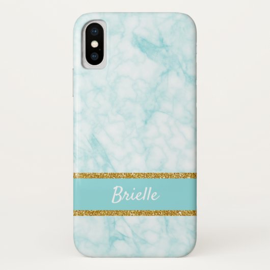 Chic Aqua Blauwe Marmer FAUX Glitter Rand en Naam Case-Mate iPhone Case (Achterkant)