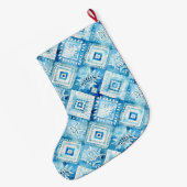 Chic Aqua Blue Batik Bloemen Kerstnaam Grote Kerstsok (Achterkant (Hangend))