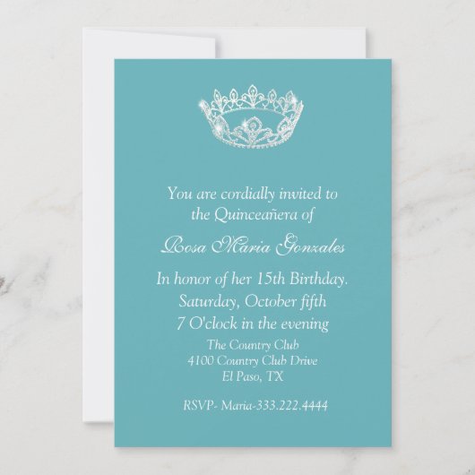 Chic Aqua Blue Crown Quinceañera Uitnodiging (Voorkant)