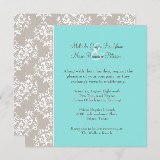 Chic Aqua Blue en Taupe Damask Wedding Invitation Kaart (Voorkant / Achterkant)