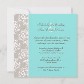 Chic Aqua Blue en Taupe Damask Wedding Invitation Kaart (Voorkant)
