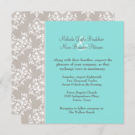 Chic Aqua Blue en Taupe Damask Wedding Invitation Kaart