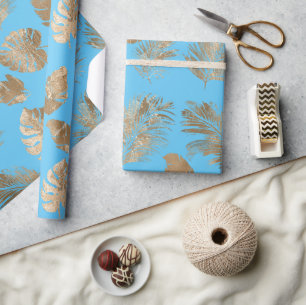 Chic Aqua Blue Gold Tropical Leaves Cadeaupapier