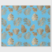 Chic Aqua Blue Gold Tropical Leaves Cadeaupapier (Vlak)