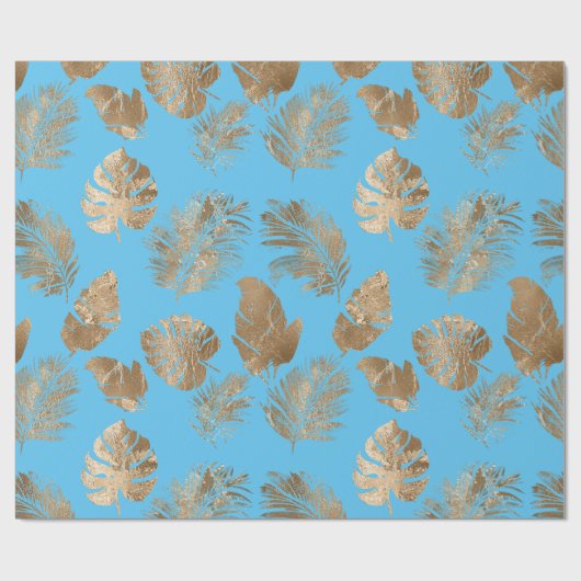 Chic Aqua Blue Gold Tropical Leaves Cadeaupapier (Vlak)