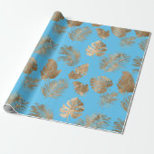 Chic Aqua Blue Gold Tropical Leaves Cadeaupapier (Uitgerold)