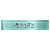 Chic Aqua Borhed Metal Modern Black Script Desk Naambordje (Voorkant)