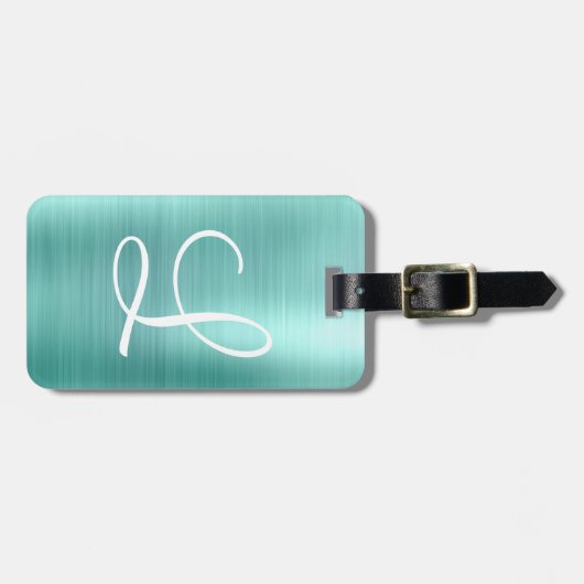 Chic Aqua Borhed Metal White Monogram Bagagelabel (Voorkant horizontaal)
