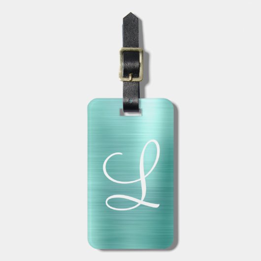 Chic Aqua Borhed Metal White Monogram Bagagelabel (Voorkant verticaal)