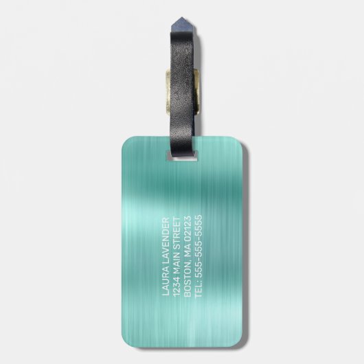 Chic Aqua Borhed Metal White Monogram Bagagelabel (Achterkant verticaal)