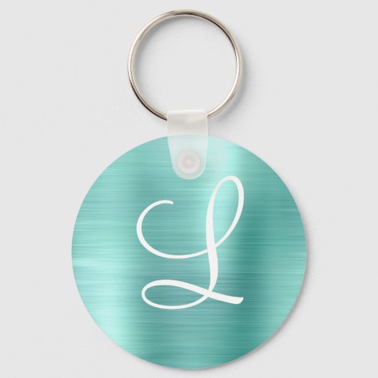 Chic Aqua Borhed Metal White Monogram Sleutelhanger (Voorkant)