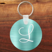 Chic Aqua Borhed Metal White Monogram Sleutelhanger (Voorkant)