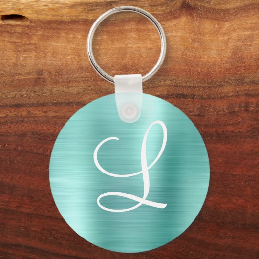 Chic Aqua Borhed Metal White Monogram Sleutelhanger (Voorkant)