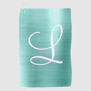 Chic Aqua Brushed Metal White Monogram Golf Towel Golfhanddoek