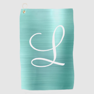 Chic Aqua Brushed Metal White Monogram Golf Towel Golfhanddoek