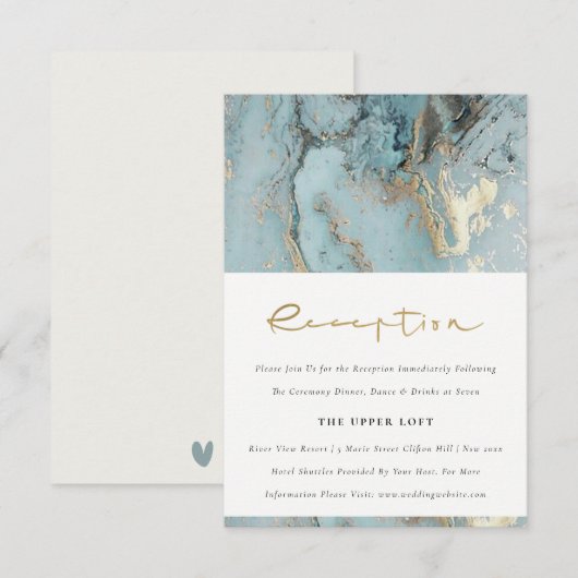 CHIC AQUA DUSKY BLUE GOLD AGATE WEDDING RECEPT INFORMATIEKAARTJE (Voorkant / Achterkant)
