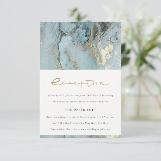 CHIC AQUA DUSKY BLUE GOLD AGATE WEDDING RECEPT INFORMATIEKAARTJE (Staand voorkant)