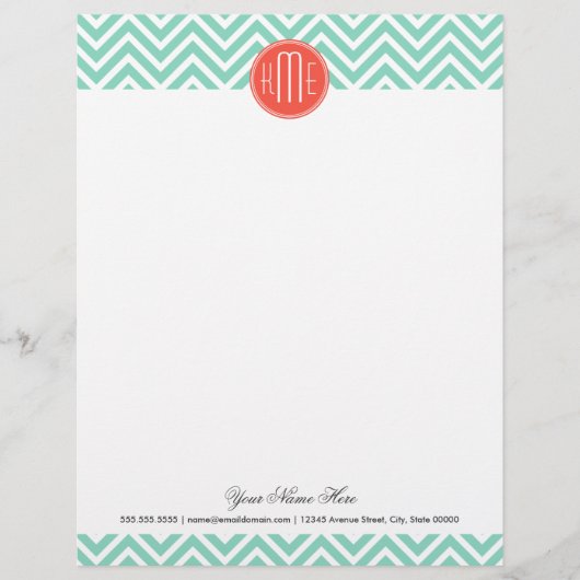 Chic Aqua Green Chevron en Oranje aangepast monogr Persoonlijk Briefhoofd (Voorkant)