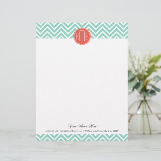 Chic Aqua Green Chevron en Oranje aangepast monogr Persoonlijk Briefhoofd (Staand voorkant)