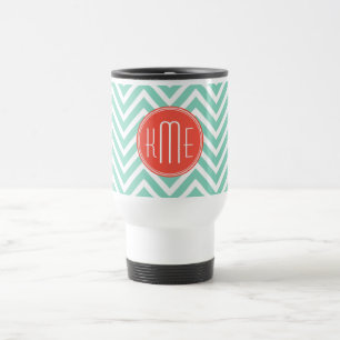 Chic Aqua Green Chevron en Oranje aangepast monogr Reisbeker