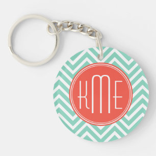 Chic Aqua Green Chevron en Oranje aangepast monogr Sleutelhanger