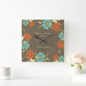  chic aqua oranje crème floral bruiloft vierkante klok (Huis)