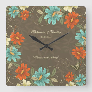  chic aqua oranje crème floral bruiloft vierkante klok