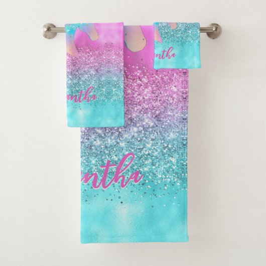 Chic Aqua Pink Unicorn Glitter glam monogram Bad Handdoek (Insitu)