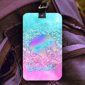 Chic Aqua Pink Unicorn Glitter glam monogram Bagagelabel