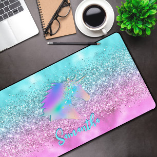 Chic Aqua Pink Unicorn Glitter glam monogram Bureaumat