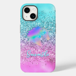 Chic Aqua Pink Unicorn Glitter glam monogram Case-Mate iPhone 14 Hoesje
