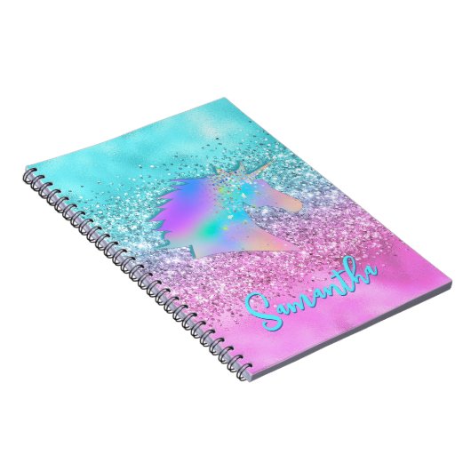 Chic Aqua Pink Unicorn Glitter glam monogram Notitieboek (Rechterzijde)