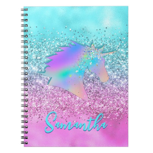 Chic Aqua Pink Unicorn Glitter glam monogram Notitieboek (Voorkant)
