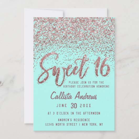 Chic Aqua Roos Gold Scattered Glitter Sweet 16 Kaart (Voorkant)