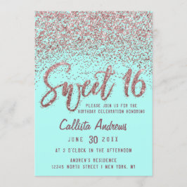 Chic Aqua Roos Gold Scattered Glitter Sweet 16 Kaart