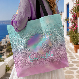 Chic Aqua Roze Eenhoorn Glitter glam monogram Tote Bag