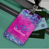 Chic aqua roze iridescent glitter monogram bagagelabel
