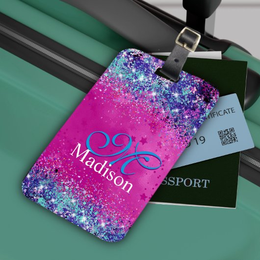 Chic aqua roze iridescent glitter monogram bagagelabel
