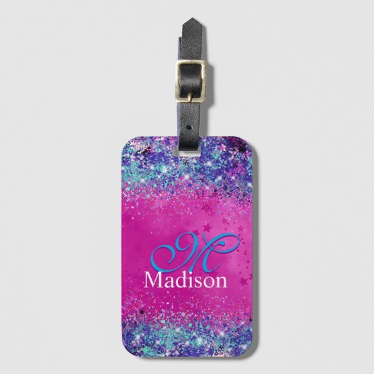 Chic aqua roze iridescent glitter monogram bagagelabel (Voorkant (verticaal))
