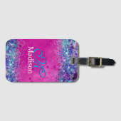 Chic aqua roze iridescent glitter monogram bagagelabel (Voorkant (horizontaal))