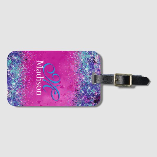 Chic aqua roze iridescent glitter monogram bagagelabel (Voorkant (horizontaal))
