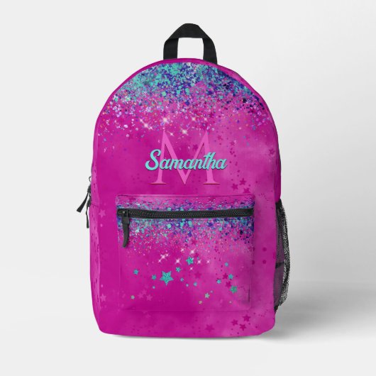 Chic aqua roze iridescent glitter monogram bedrukte rugzak (Voorkant)