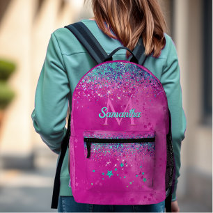 Chic aqua roze iridescent glitter monogram bedrukte rugzak