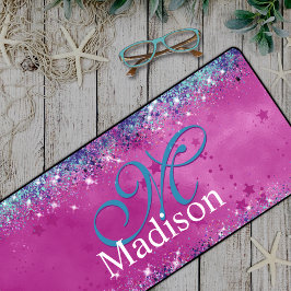 Chic aqua roze iridescent glitter monogram bureaumat