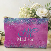 Chic aqua roze iridescent glitter monogram etui