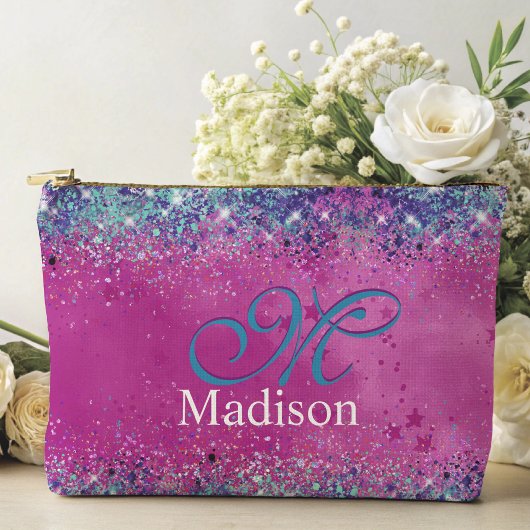 Chic aqua roze iridescent glitter monogram etui