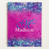 Chic aqua roze iridescent glitter monogram planner (Voorkant)