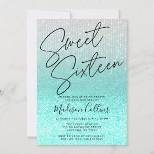 Chic Aqua Silver Glitter Sweet 16 Kaart