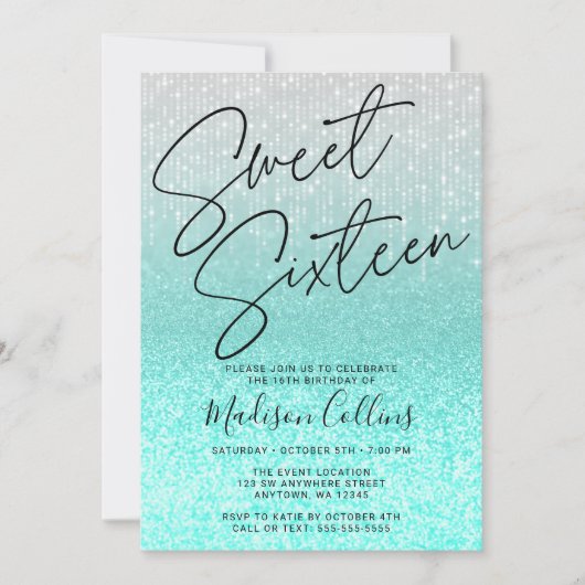 Chic Aqua Silver Glitter Sweet 16 Kaart (Voorkant)